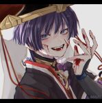  1boy armor blood blood_on_face blood_on_hands blue_eyes bridal_gauntlets bright_pupils commentary_request eyeshadow genshin_impact hat highres injury japanese_armor japanese_clothes jingasa kote kurokote letterboxed looking_at_viewer lower_teeth_only makeup male_focus mitsudomoe_(shape) open_mouth purple_hair purple_nails red_eyeshadow scaramouche_(genshin_impact) shima_usagi simple_background standing tassel teeth tomoe_(symbol) upper_body upper_teeth_only white_background white_pupils wide_sleeves 