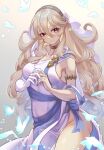 1girl absurdres blonde_hair breasts bug butterfly cleavage corrin_(fire_emblem) corrin_(fire_emblem)_(female) dress fire_emblem fire_emblem_fates gloves hair_between_eyes hair_ornament hairband highres jewelry karashino long_hair looking_at_viewer official_alternate_costume pointy_ears red_eyes simple_background single-shoulder_dress single_glove smile solo white_dress 