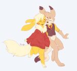  2022 absurd_res anthro baggy_clothing big_ears blush canid canine chibi clothed clothing couple_(disambiguation) cute_expression dancing digital_media_(artwork) eeveelution eyes_closed female fennec flareon fluffy fluffy_tail formal_wear fox fur hair hand_holding hi_res male mammal markings nintendo open_mouth oversized_sleeves oversized_sweater pok&eacute;mon pok&eacute;mon_(species) romantic simple_background smile solo tan_body toony topwear video_games wanderertamplior white_background yellow_body 