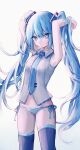  1girl armpits arms_up bangs bare_arms blue_eyes blue_hair blue_necktie blue_panties blue_ribbon blush collared_shirt cowboy_shot grey_legwear hair_between_eyes hair_ornament hands_in_hair hatsune_miku highres long_hair lowleg lowleg_panties midriff necktie panties ribbon shirt shito_neko_(zitonger) side-tie_panties simple_background sleeveless sleeveless_shirt solo standing stomach striped striped_panties thighhighs twintails underwear very_long_hair vocaloid white_background white_shirt wing_collar 