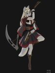  absurd_res black_background blonde_hair canid canine canis clothed clothing dress female fur gfox404 grey_body grey_fur gun hair hi_res mammal purple_eyes ranged_weapon red_clothing sickle simple_background solo weapon wolf 