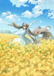  1girl arms_up blue_sky blush closed_eyes cloud commentary_request day dress field floating_hair flower flower_field highres long_hair long_sleeves meadow open_mouth original outdoors potg_(piotegu) rapeseed_blossoms sky smile solo very_long_hair white_dress yellow_flower 