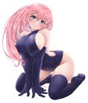  1girl all_fours ass backless_outfit bare_back blue_eyes breasts butt_crack covered_nipples dd_(ijigendd) elbow_gloves gloves hanging_breasts high_heels highres large_breasts leotard long_hair original pink_hair sideboob thighhighs 