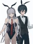  1boy 1girl alternate_costume animal_ears bangs bare_shoulders black_bow black_bowtie black_leotard black_pants black_ribbon black_vest bow bowtie braid breasts brown_eyes buttons collarbone collared_shirt danganronpa:_trigger_happy_havoc danganronpa_(series) danganronpa_v3:_killing_harmony detached_collar fishnet_legwear fishnets grey_background grey_hair hair_between_eyes hair_ribbon highres iumi_urura kirigiri_kyouko leotard long_hair long_sleeves looking_at_viewer necktie official_alternate_costume pants pantyhose playboy_bunny rabbit_ears red_necktie ribbon saihara_shuuichi shirt side_braid simple_background vest waiter white_shirt 