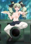  1girl anchovy_(girls_und_panzer) anzio_school_uniform blush breasts cameltoe collarbone drill_hair eyebrows_visible_through_hair food fork girls_und_panzer green_hair ground_vehicle hair_ornament hair_ribbon kaname_aomame large_breasts looking_at_viewer microskirt military military_vehicle motor_vehicle navel nipples no_bra open_mouth outdoors pantyhose pasta red_eyes ribbon school_uniform shiny shiny_hair sitting skirt smile solo tank topless twin_drills twintails white_legwear 