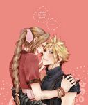  1boy 1girl aerith_gainsborough aqua_eyes arm_around_waist armor artist_name bangs blonde_hair blue_shirt blush bracelet braid braided_ponytail brown_hair closed_eyes cloud_strife cropped_jacket dress earrings english_text final_fantasy final_fantasy_vii final_fantasy_vii_remake finger_to_mouth gloves hair_between_eyes hair_ribbon hand_on_another&#039;s_shoulder highres jacket jewelry open_mouth parted_bangs pink_background pink_dress red_jacket ribbon shirt shoulder_armor single_earring sleeveless sleeveless_turtleneck smile spiked_hair suspenders sweatdrop teeth turtleneck upper_body upper_teeth yco_030601 