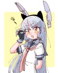  1girl animal_ears black_gloves black_hairband blue_sailor_collar dress eyebrows_visible_through_hair fake_animal_ears fingerless_gloves floating_headgear gloves grey_hair hair_ribbon hairband headgear highres kantai_collection long_hair murakumo_(kancolle) necktie open_mouth orange_eyes paw_pose red_necktie ribbon sailor_collar sailor_dress shin_(shin_k009) short_sleeves sidelocks thick_eyebrows translation_request tress_ribbon yellow_background 