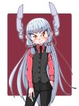  1girl black_necktie black_pants black_vest buttons eyebrows_visible_through_hair floating_headgear grey_hair hair_ribbon headgear highres kantai_collection long_hair long_sleeves murakumo_(kancolle) necktie pants red_background red_shirt ribbon shin_(shin_k009) shirt sidelocks sleeveless thick_eyebrows tress_ribbon vest 