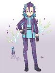  1boy aona_(noraneko) belt_boots blue_hair boots bracelet braid character_name collar cropped_jacket fingerless_gloves frown gloves grey_eyes hair_ornament hair_slicked_back hairclip hand_on_hip hood hoodie humanization jewelry layered_legwear lightning male_focus multicolored_hair pokedex_number pokemon purple_hair short_hair sleeves_past_elbows solo spiked_bracelet spiked_collar spiked_hair spikes streaked_hair torn_clothes torn_legwear toxtricity toxtricity_(low_key) two-tone_hair v-shaped_eyebrows 