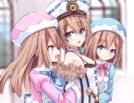  3girls blanc_(neptune_series) blue_bow blue_bowtie blue_coat blush bow bowtie breasts buttons coat dress from_side fur-trimmed_coat fur_trim hair_between_eyes hat himajin_(starmine) long_hair looking_at_another medium_hair multiple_girls neptune_(series) pink_bow pink_bowtie pink_coat pom_pom_(clothes) ram_(neptune_series) rom_(neptune_series) short_hair siblings sisters small_breasts twins very_long_hair white_coat white_dress 