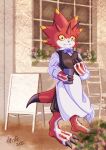  anthro apron bandai_namco betelgammamon bow_tie butler cafe claws clothing digimon digimon_ghost_game horn male red_body solo vfcou yellow_eyes 
