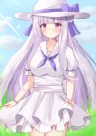  1girl absurdres aihara_kazushi alternate_costume azur_lane blush bow braid braided_bun cygnet_(azur_lane) double_bun dress grass grey_sailor_collar hat hat_ribbon highres long_hair looking_at_viewer neckerchief outdoors puffy_short_sleeves puffy_sleeves purple_neckerchief red_eyes ribbon sailor_collar sailor_dress sash short_sleeves smile solo sun_hat sundress sweat white_dress white_hair 