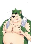  anthro belly blush canid canine canis domestic_dog embarrassed eyebrows fur green_body green_eyes green_fur hi_res lester232864759 lifewonders live-a-hero male mammal mokdai musclegut navel nipples pecs solo thick_eyebrows towel video_games 