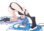  1girl ass ass_focus black_legwear black_ribbon blue_eyes blue_hair closed_mouth grey_background hair_ribbon highres long_hair looking_at_viewer no_shoes original popman3580 ribbon simple_background solo thighhighs twintails upside-down very_long_hair wristband 