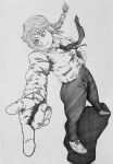  ass bangs braid braided_ponytail chainsaw_man crosshatching eindrawppsn finger_gun formal greyscale hatching_(texture) highres huge_ass makima_(chainsaw_man) monochrome necktie pony ringed_eyes shirt simple_background smile thick_thighs thighs traditional_media white_background white_shirt 