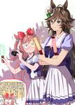  2girls :o agnes_digital_(umamusume) ahoge animal_ears bangs blush bow brown_hair camera crossed_arms ear_wiggle glowstick green_eyes hair_bow hair_ornament hairclip hat holding_glowstick horse_ears looking_at_another looking_at_viewer mini_hat mini_top_hat misu_kasumi motion_lines mr._c.b._(umamusume) multiple_girls nose_blush pink_hair puffy_short_sleeves puffy_sleeves purple_shirt sailor_collar school_uniform shirt short_sleeves silhouette skirt smile sparkle standing top_hat tracen_school_uniform translation_request two_side_up umamusume white_skirt wide-eyed 