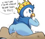  angry anthro avian bird bulge clothing_bulge crown demanding duo feral hi_res hot_dogging kinkmilk male male/male nintendo orientation_play penguin piplup pok&eacute;mon pok&eacute;mon_(species) prince_waddle text video_games 