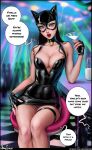  1girl absurdres aroma_sensei artist_name batman_(series) bell black_dress black_gloves black_hair bottle breasts catwoman cleavage collarbone commentary crowd cup dc_comics dress english_commentary english_text glasses gloves green_eyes hand_up highres holding holding_cup indoors jingle_bell lips lipstick looking_at_viewer makeup mask medium_breasts milk milk_bottle mole neck_bell nose panties panty_peek patreon_username pink_panties red_lips shiny shiny_clothes sitting skin_tight solo_focus speech_bubble thigh_strap underwear web_address 