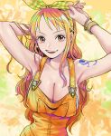  1girl absurdres arm_behind_head armpits bare_shoulders bow breasts cleavage commentary_request dress hair_bow highres large_breasts long_hair looking_at_viewer nami_(one_piece) one_piece open_mouth orange_eyes orange_hair solo tattoo teeth urasanmyaku 
