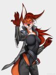  anthro blizzard_entertainment canid canine clothed clothing fantum_fox female fox fur hair mammal overwatch simple_background smile solo video_games 