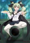  1girl anchovy_(girls_und_panzer) anzio_school_uniform blush breasts cameltoe cape collarbone drill_hair eyebrows_visible_through_hair food fork girls_und_panzer green_hair ground_vehicle hair_ornament hair_ribbon kaname_aomame large_breasts looking_at_viewer microskirt military military_vehicle motor_vehicle necktie open_mouth outdoors pantyhose pasta red_eyes ribbon school_uniform shiny shiny_hair sitting skirt smile solo tank twin_drills twintails white_legwear 