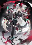  1girl animal_ears bangs bodystocking detached_sleeves fighting_stance fox_ears fox_girl fox_tail full_body grey_eyes grey_hair high_heels highres horns long_hair mamuru original pelvic_curtain solo standing standing_on_one_leg tail thigh_strap thighs very_long_hair white_footwear 