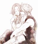  1boy 1girl aerith_gainsborough arm_around_waist armor_removed baggy_pants bangs bracelet breasts choker cleavage closed_eyes cloud_strife dress earrings final_fantasy final_fantasy_vii final_fantasy_vii_remake hair_between_eyes hair_ribbon hand_on_another&#039;s_face highres jacket jacket_removed jewelry long_dress medium_breasts monochrome muscular muscular_male pants parted_bangs parted_lips ribbon sidelocks single_earring sitting sleeveless sleeveless_turtleneck spiked_hair turtleneck upper_body wavy_hair white_background yco_030601 