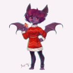  2022 absurd_res anthro bat_wings big_ears blush chiropteran claws clothed clothing cookie digital_media_(artwork) female food gingerbread_cookie hair hi_res holiday_dressed mammal membrane_(anatomy) membranous_wings purple_body red_eyes simple_background smile solo sweater sweater_dress toony topwear wanderertamplior white_background wings 