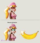  2022 absurd_res anthro banana beret blonde_hair brain breasts brown_body brown_fur clothing comic dixie_kong donkey_kong_(series) ear_piercing ear_ring eyes_closed female food fruit fur green_eyes grey_background hair hat headgear headwear hi_res meme minus8 neuron_activation nintendo organs parted_lips phallic piercing plant ponytail shirt simple_background smile solo tied_shirt topwear upper_body vein video_games 