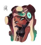  2020 animal_humanoid breasts cephalopod cephalopod_humanoid clothing dark_body dark_skin exykt female green_eyes headphones humanoid marina_(splatoon) marine marine_humanoid mollusk mollusk_humanoid nintendo octarian octoling pseudo_hair simple_background solo splatoon suction_cup tentacle_hair tentacles video_games white_background 