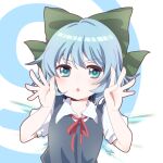  1girl bangs blue_dress blue_eyes blush bow circled_9 cirno collared_shirt commentary_request d: dress eyebrows_visible_through_hair green_bow hair_between_eyes hair_bow hands_up ice ice_wings kuromame_(8gou) light_blue_hair looking_at_viewer neck_ribbon open_hands open_mouth pinafore_dress puffy_short_sleeves puffy_sleeves red_ribbon ribbon shiny shiny_hair shirt short_hair short_sleeves sidelocks solo touhou upper_body white_shirt wings 