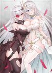  2girls azur_lane bangs bare_shoulders black_dress black_gloves black_legwear blue_eyes blush breasts cleavage closed_mouth collarbone dress elbow_gloves emden_(azur_lane) eyebrows_visible_through_hair eyepatch feathers feet_out_of_frame flower gloves hair_ornament highres large_breasts licking_lips long_hair looking_at_viewer multiple_girls open_mouth partially_fingerless_gloves red_eyes red_flower red_rose rose sai-go siblings simple_background sisters standing thighhighs tongue tongue_out torn_clothes torn_legwear white_dress white_flower white_hair white_legwear white_rose 