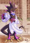  anthro apron bandai_namco black_body black_sclera bow_tie butler cafe claws clothing digimon digimon_ghost_game glowing glowing_eyes grusgammamon horn male pitcher sharp_claws solo stinger_tail vfcou 