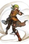  1girl arrow_(projectile) arrow_in_body bangs belt_pouch black_pants blood blood_on_arm blood_on_clothes blood_on_face blood_on_leg blood_on_weapon boots brown_coat brown_footwear coat cuts dagger dual_wielding elona fighting_stance floating_hair full_body green_hair hand_up herayoshi highres holding holding_dagger holding_weapon injury kiki_(herayoshi) knee_boots knife legs_apart long_sleeves looking_away looking_to_the_side open_mouth pants pouch protagonist_(elona) reverse_grip short_hair sketch solo standing torn_clothes torn_coat torn_pants torn_sleeves turtleneck visible_air weapon white_background 