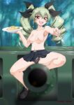  1girl anchovy_(girls_und_panzer) anzio_school_uniform black_panties blush breasts cameltoe collarbone drill_hair eyebrows_visible_through_hair food fork frilled_panties frills girls_und_panzer green_hair ground_vehicle hair_ornament hair_ribbon kaname_aomame large_breasts lingerie looking_at_viewer microskirt military military_vehicle motor_vehicle navel nipples no_bra open_mouth outdoors panties pasta red_eyes ribbon school_uniform shiny shiny_hair sitting skirt smile solo tank topless twin_drills twintails underwear 