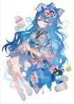  1girl :/ artist_name aura bad_id bad_twitter_id bandaid bandaid_on_face blue_bow blue_eyes blue_hair blue_skirt blush_stickers bow bowl bracelet closed_mouth cup debt full_body grey_shirt hair_between_eyes hair_bow highres interlocked_fingers jewelry long_hair looking_at_viewer own_hands_together shirt sidelocks simple_background skirt solo stuffed_toy touhou umemaro_(siona0908) very_long_hair wavy_hair white_background wide_sleeves yorigami_shion 