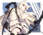  animal_ears arknights arm_up arrow_(projectile) belt belt_buckle black_footwear black_gloves blue_background boots border bow_(weapon) buckle closed_mouth clothes_writing dated elbow_gloves eyebrows_visible_through_hair gloves highres holding holding_bow_(weapon) holding_weapon horse_ears horse_girl horse_tail long_hair long_sleeves midriff navel outside_border platinum_(arknights) revealing_clothes ryota_tentei short_shorts shorts tail thigh_boots thighhighs twitter_username two-tone_background v-shaped_eyebrows weapon white_background white_border white_hair white_shorts wide_sleeves yellow_eyes 