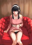  1girl bead_bracelet beads black_hair blush bracelet breasts chair cleavage clothes_lift earrings hairband highres jewelry large_breasts lifted_by_self long_sleeves looking_at_viewer lounge_chair mikame_v2 no_pants open_mouth pink_shirt red_eyes ring shirt shirt_lift short_hair_with_long_locks sidelocks sitting solo spy_x_family sweatdrop thighs white_hairband yor_briar 