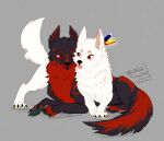  2022 absurd_res blep canid canine canis chibi claws cute_expression cute_eyes digital_media_(artwork) duo eye_contact feathers feral fluffy fluffy_tail fur hi_res looking_at_another male male/male mammal markings neck_tuft on_top one_eye_closed pawpads paws playful red_eyes romantic romantic_couple scar simple_background smile tongue tongue_out toony tuft wanderertamplior wink wolf 