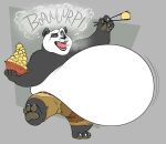  2022 3_toes 4_fingers absurd_res anthro barefoot belly big_belly bodily_fluids bottomwear bowl burp_cloud burping chopsticks claws clothed clothing container dreamworks dumplings eggo21 fangs feet fingers food fur giant_panda hi_res holding_bowl holding_chopsticks holding_container holding_object hyper hyper_belly kung_fu_panda male mammal master_po_ping obese obese_anthro obese_male on_one_leg one_eye_half-closed open_mouth overweight overweight_anthro overweight_male pants paws saliva shirtless shirtless_male solo standing teeth text toe_claws toes tongue tongue_out topless topless_anthro topless_male ursid 