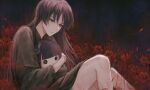  1boy :/ absurdres black_kimono character_doll commentary dark_background empty_eyes expressionless flower genshin_impact highres hugging_doll hugging_object japanese_clothes kimono lanlanxw long_hair long_sleeves male_focus purple_eyes purple_hair raiden_shogun scaramouche_(genshin_impact) sitting solo spider_lily 