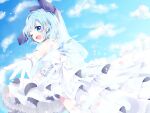  1girl alternate_costume back_bow bangs bare_shoulders blue_bow blue_eyes blush bow cirno cloud commentary_request day dress eyebrows_visible_through_hair fang flower from_behind gloves hair_bow highres ice ice_wings kuromame_(8gou) light_blue_hair looking_at_viewer looking_back one_eye_closed open_mouth outdoors outstretched_arm rose shiny shiny_hair short_hair sidelocks sky smile solo thighhighs touhou wedding_dress white_bow white_dress white_flower white_gloves white_legwear white_rose wings 