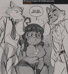  absurd_res ahoge anthro beastars big_breasts blush bodily_fluids bottomwear breasts canid canine canis clothed clothing dreamworks english_text eyewear female glasses group gwen_geek gwen_martin hair hi_res indecisive joaoppereiraus larger_male legoshi_(beastars) looking_down male mammal monochrome mouse mr._wolf_(the_bad_guys) murid murine necktie open_mouth pants question_mark rodent shirt shorts size_difference smaller_female smile speech_bubble spiral_eyes suit sweat text the_bad_guys thick_thighs topwear trio wolf 