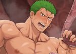  1boy bara blush cropped earrings frown green_hair harada_(basashi) implied_sex jewelry large_pectorals male_focus muscular muscular_male nipples nude one_piece pectorals roronoa_zoro short_hair sideburns single_earring solo tentacle_grab tentacles tentacles_on_male upper_body veins 