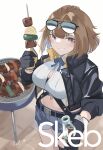  1girl absurdres bangs belt black_belt black_jacket blue_shorts blush bottle breasts brown_hair chcn commentary_request cowboy_shot eyewear_on_head food fur_trim girls&#039;_frontline gloves grizzly_mkv_(girls&#039;_frontline) highres holding holding_bottle holding_food jacket large_breasts looking_at_viewer navel open_clothes open_jacket open_mouth purple_eyes shirt short_hair shorts signature smile solo standing sunglasses teeth white_shirt 