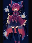  1girl alternate_costume bangs black_bow black_legwear black_skirt bow cape commentary corset covered_mouth full_body gold_trim hair_between_eyes highres long_sleeves looking_at_viewer nikorashi-ka red_cape red_corset red_eyes red_footwear red_hair sekibanki shoes short_hair skirt solo thighhighs touhou wide_sleeves 