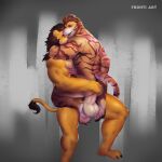  anal anal_penetration anthro balls claws duo embrace erection feet_on_balls felid frohti fur genitals hand_on_butt hi_res hindpaw hug humanoid_genitalia humanoid_penis lion male male/male mammal mane muscular muscular_anthro muscular_male nipple_piercing nipples pantherine pawpads paws penetration penis piercing tail_tuft tan_body tan_fur tiger tuft 
