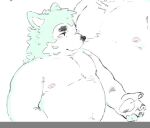  anthro belly blush canid canine canis domestic_dog duo embarrassed eyebrows fur green_body green_fur lifewonders live-a-hero madlion_0312 male male/male mammal mokdai nipples pawpads sketchy slightly_chubby thick_eyebrows video_games 