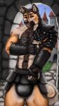  absurd_res anthro armor canid canine castle german gevual hi_res leather male mammal muscular shepherd solo standing 