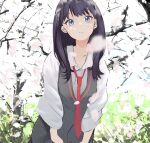  1girl bangs black_hair blue_eyes cardigan_vest cherry_blossoms collared_shirt cosplay flower gridman_universe hibiki_yuuta hibiki_yuuta_(cosplay) highres lensu_(lotus36936936) long_hair necktie outdoors pleated_skirt red_necktie school_uniform shirt skirt solo ssss.gridman straight_hair takarada_rikka tree 